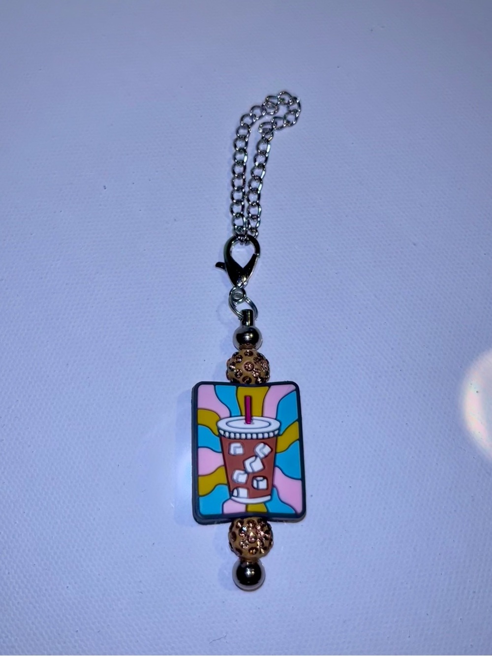 Silver Chain Drink/Tea Cup Charm Keychain with Pink & Blue Sparkly Accents